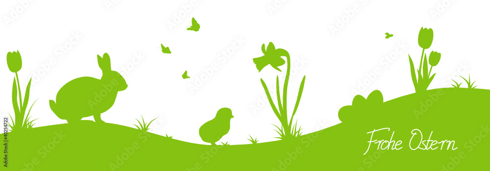 Frohe Ostern mit Osterhase, Küken und Blumen