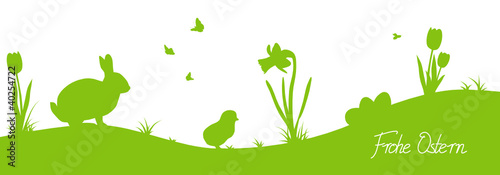 Frohe Ostern mit Osterhase, Küken und Blumen