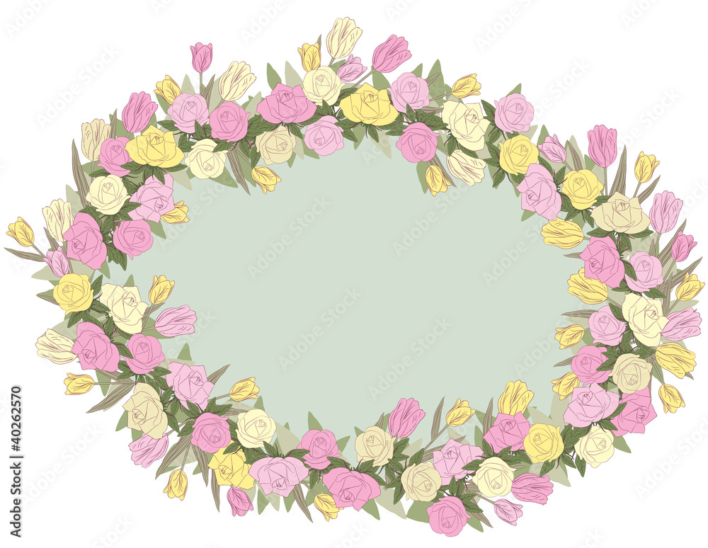 Hand drawn floral background with tulips and roses, vector