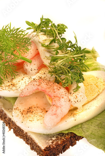 Danish open sandwich with shrimp and egg, photo