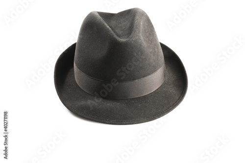a dark greyfedora hat isolated on white