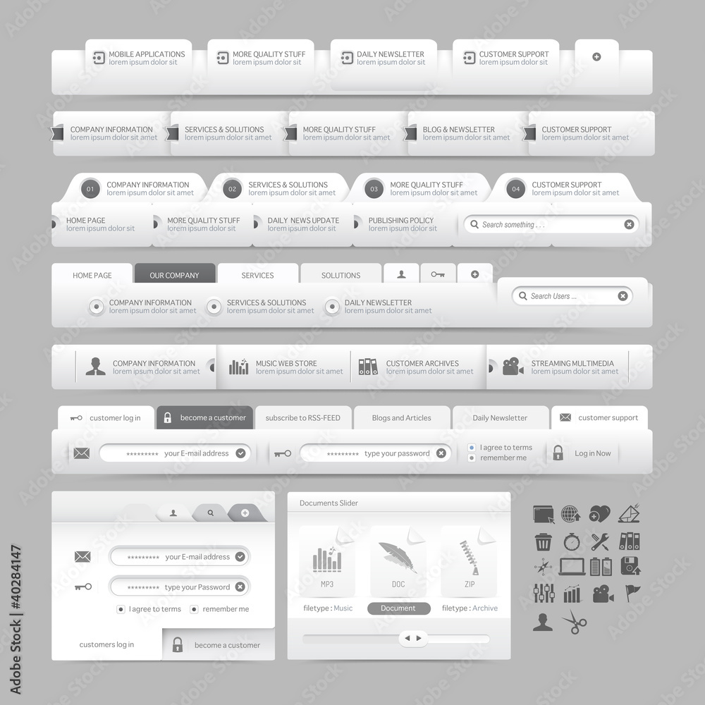 Web design template elements with icons set:Navigation menu bars