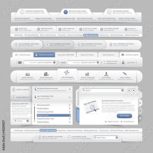 Web site design  elements with icons set: Navigation menu bars