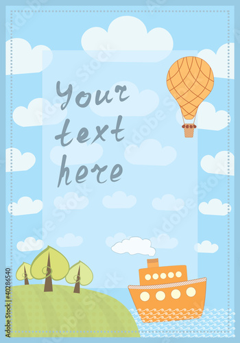 cartoon frame with a ship and hot balloon