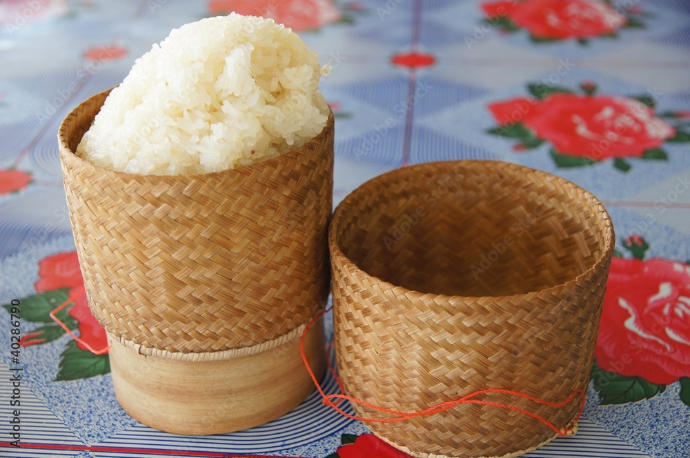 Asian sticky rice in a bamboo wooden old style box