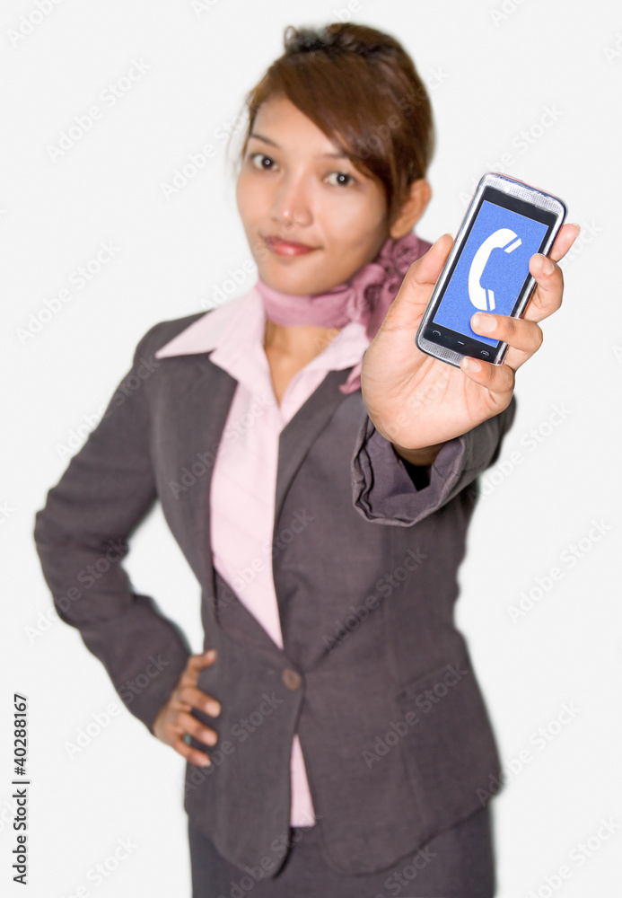 businesswoman shows his mobile phone forward .. businesswoman shows his mobile phone forward ..