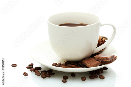 cup of coffee, beans and chocolate isolated on white