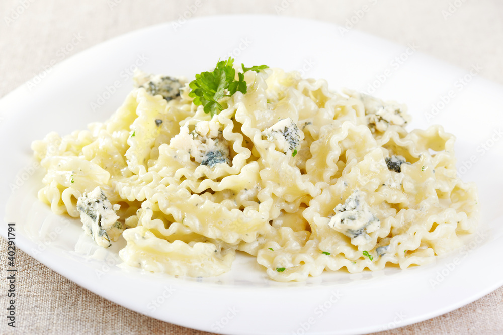 European cuisine. Pasta in cream sauce with blue cheese