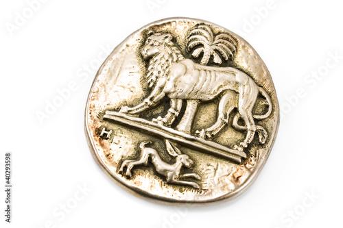 Antique silver brooch with lion and rabbit