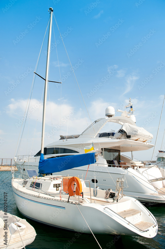 Fototapeta premium Yachts on an anchor in harbor.