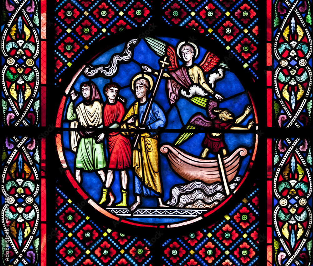 Saint Nectaire church stained glass detail, Auvergne, France