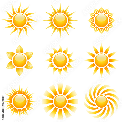 Yellow sun vector icons isolated on white.