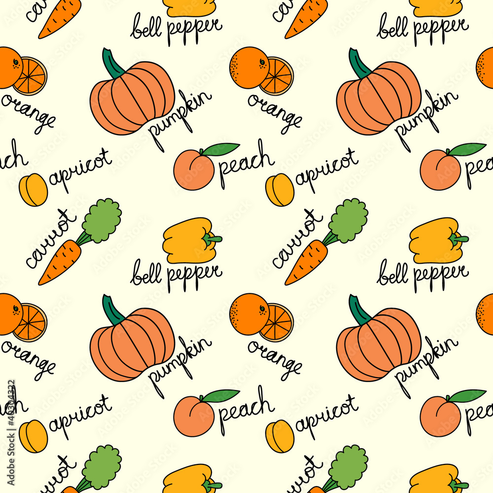 pattern with cartoon orange fruits and vegetables
