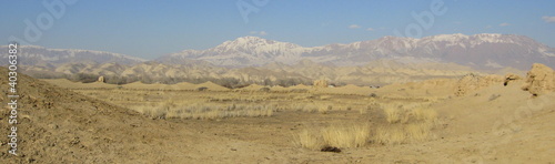 Tian Shan mountains with the ruins of a Silk Road caravanserai