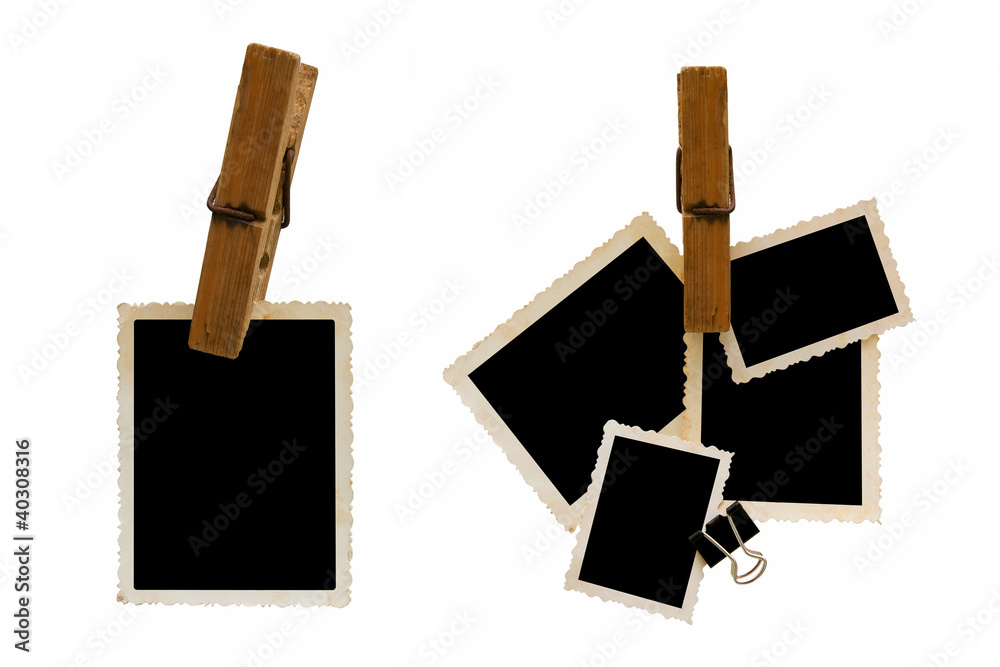 Hanging aged photo frames on white background Hanging aged photo frames on white background
