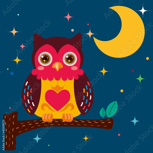 Cute owl against a star night sky