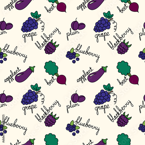 pattern with cartoon purple fruits and vegetables