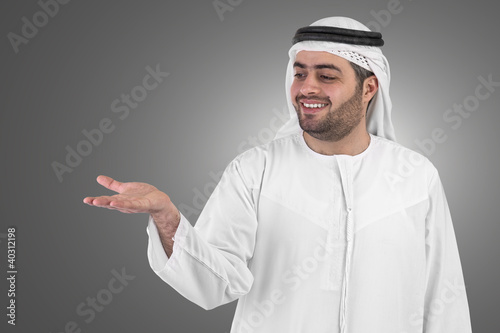 Slika na platnu arabian businessman raising open hand gesture grey background
