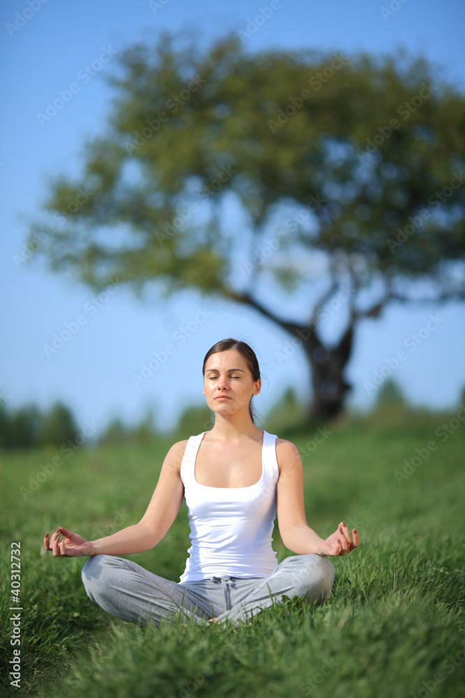 beautiful young girl training yoga on sunny meadow beautiful young girl training yoga on sunny meadow