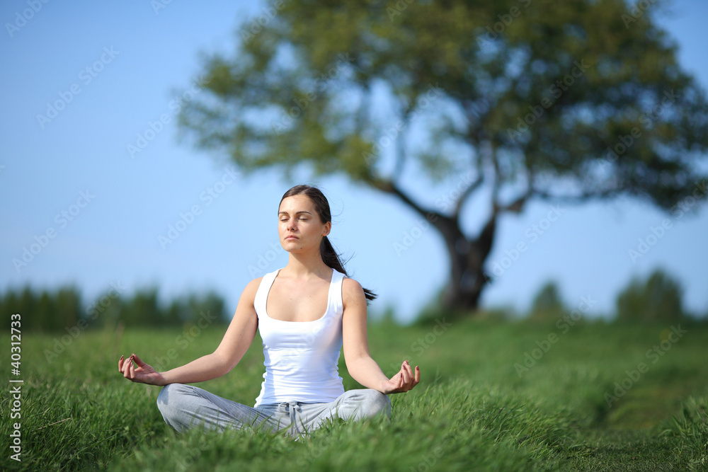 beautiful young girl training yoga on sunny meadow beautiful young girl training yoga on sunny meadow