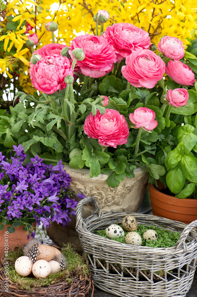spring flowers and easter eggs decoration