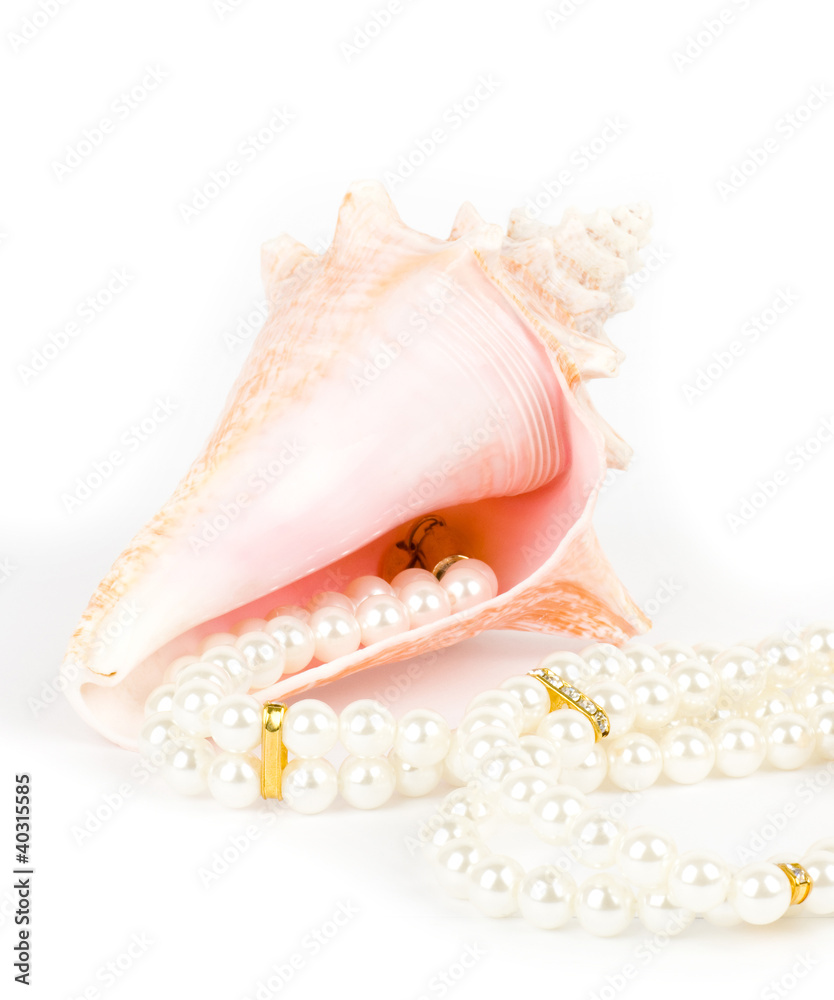 Beautiful exotic shell and pearls on white background. Beautiful exotic shell and pearls on white background.