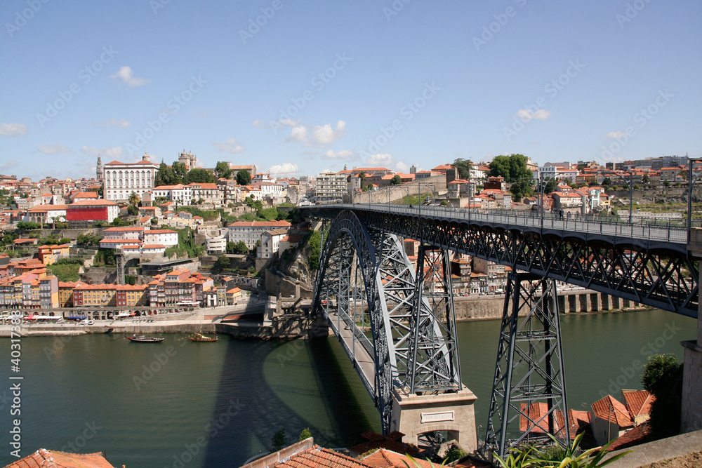 Old downtown area of the city of Porto and D. Luis I bridge