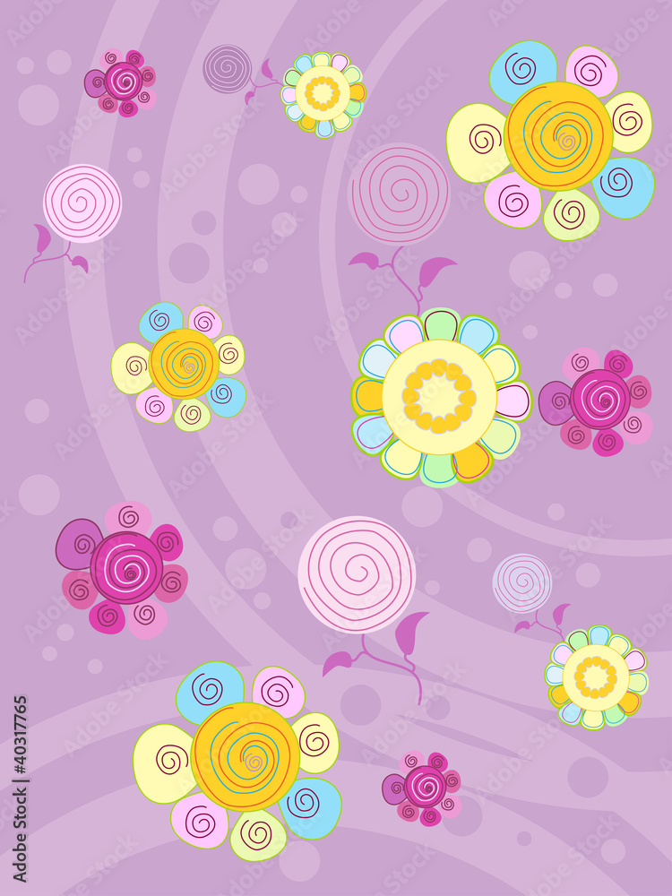 multi-colored flowers on a lilac background