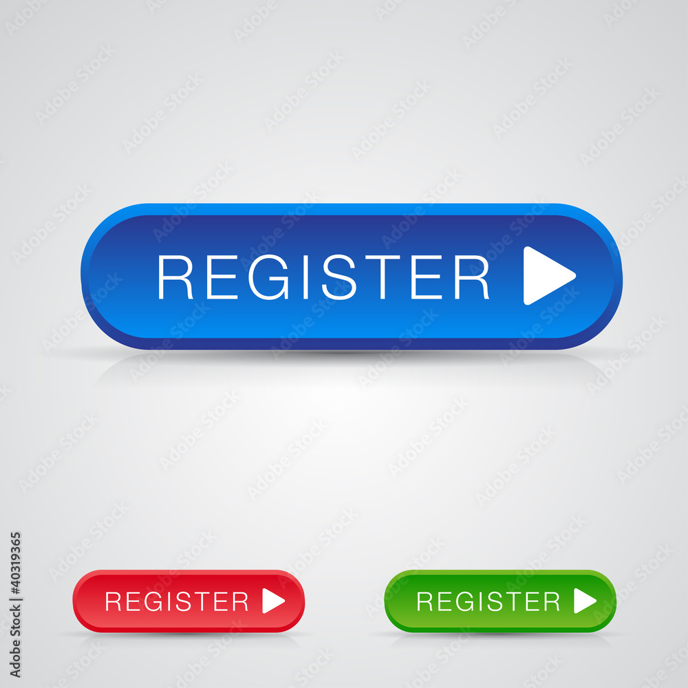 Set of three Big register button with shadow and reflections Set of three Big register button with shadow and reflections