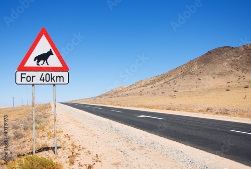 Warning of road sign - hyenas on the road, Namibia
