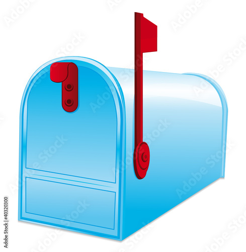 Blue metallic mailbox. Red flag up.