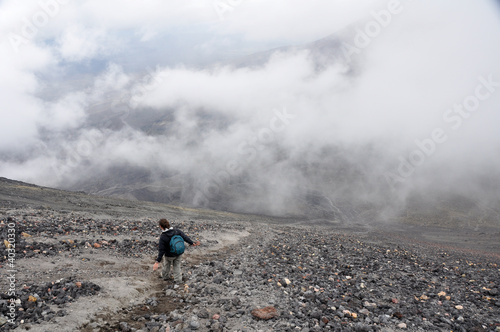 Mountaineer descending Mt Ngauruhoe, New Zealand
