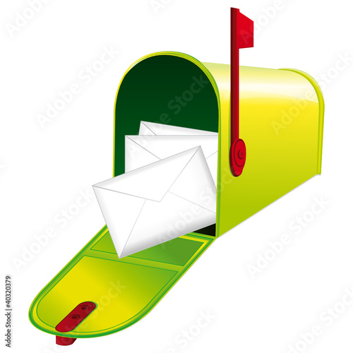 Opened green metallic mailbox. Red flag up.