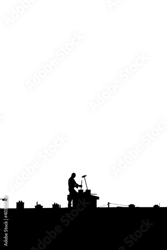 chimney sweep silhouette on the rooftop against white