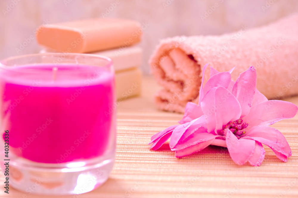 daily spa objects, towel, soaps, candle, flower daily spa objects, towel, soaps, candle, flower