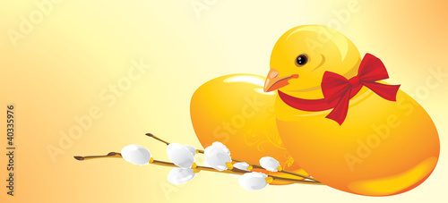 Easter chick and willow branch. Festive banner
