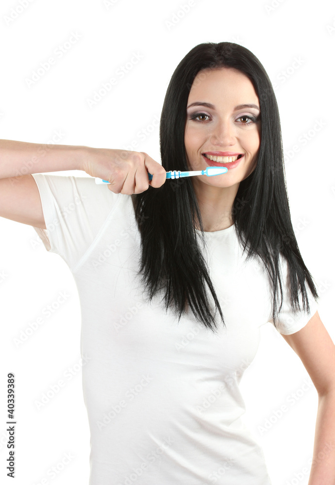 beautiful young girl holding toothbrush isolated on white beautiful young girl holding toothbrush isolated on white