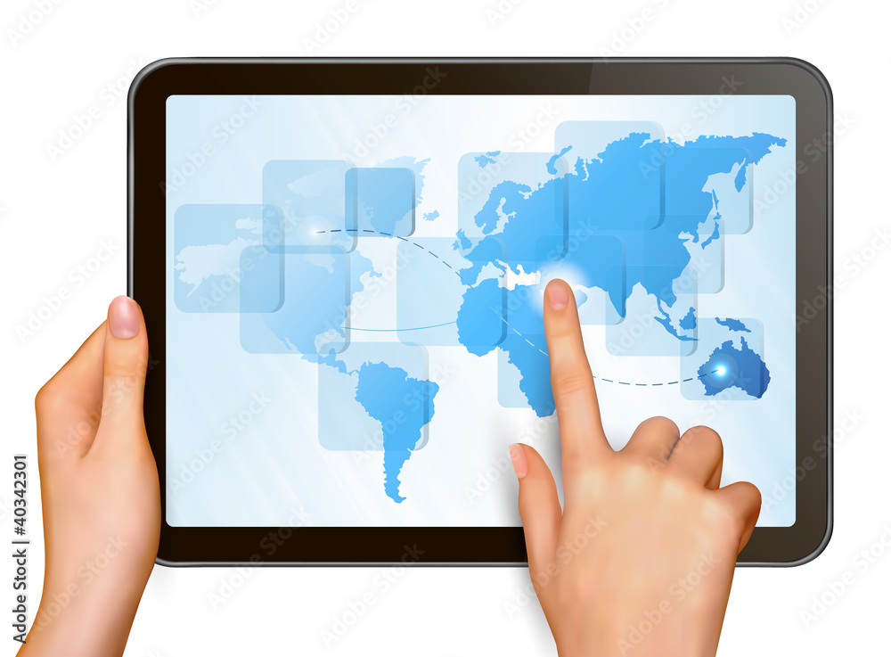 Finger touching world map on a touch screen Finger touching world map on a touch screen