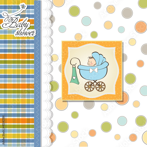 baby boy announcement card with baby and pram