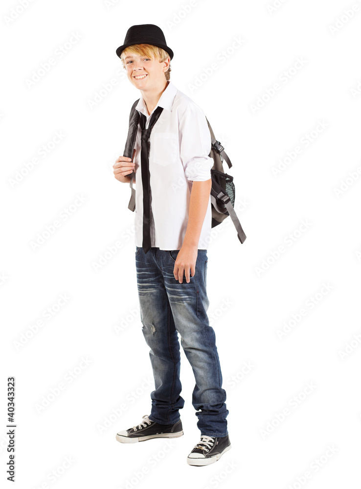 teen boy with backpack on white background teen boy with backpack on white background