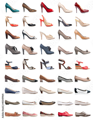 Collection of various types of female shoes over white