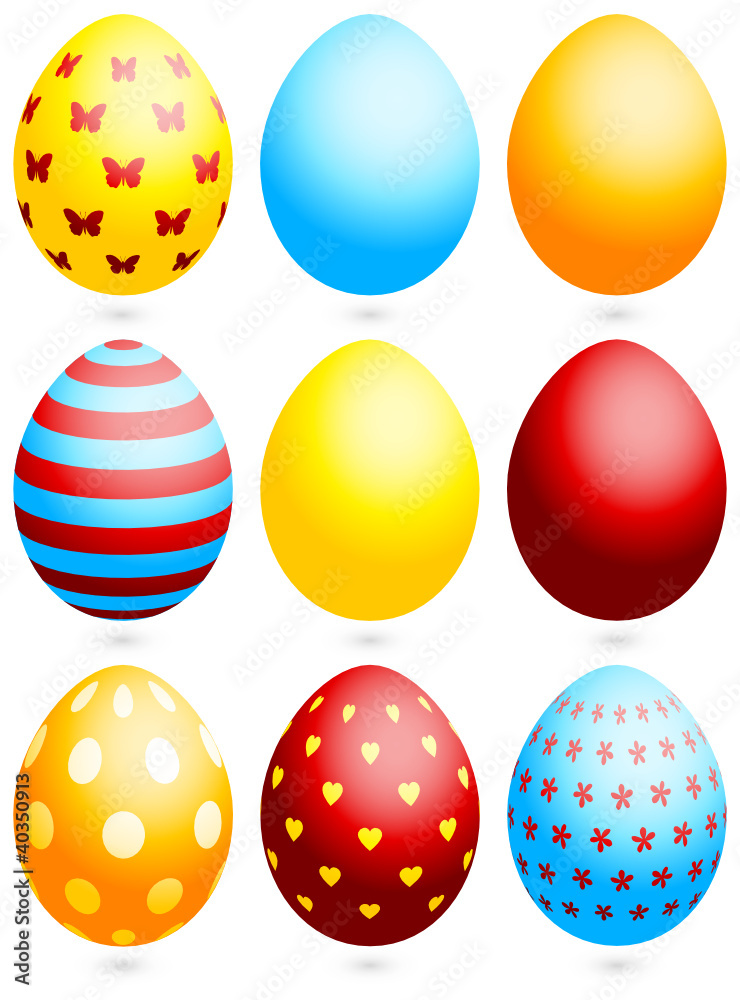 Set 9 Easter Eggs Different Pattern/Uni Blue/Red/Yellow