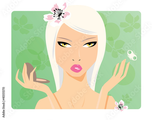 Beautiful girl, beauty cosmetics, holding face foundation