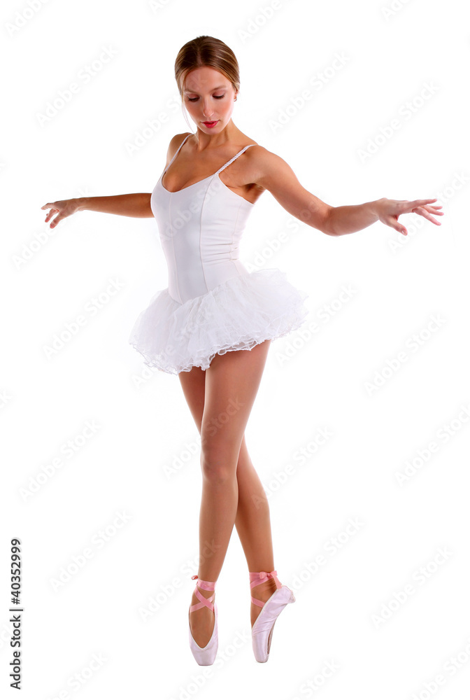 Portrait of ballerina dancing on pointes over white Portrait of ballerina dancing on pointes over white