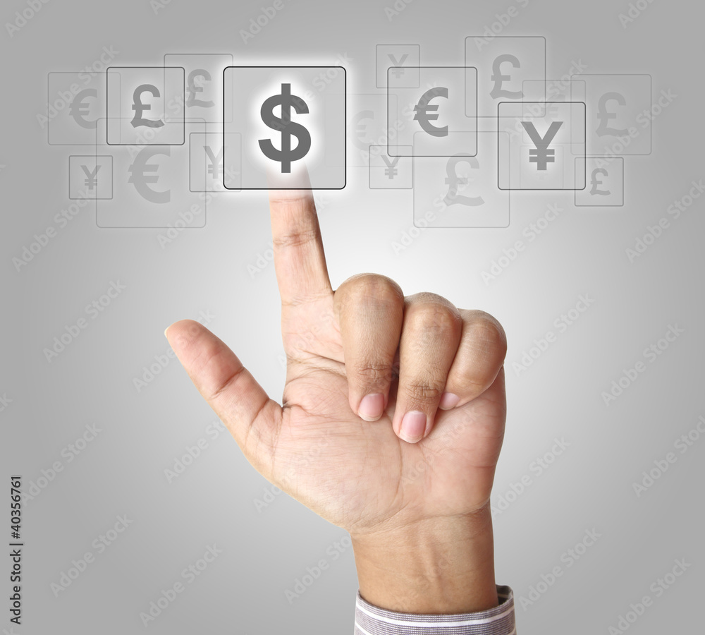 Hand pushing dollar button on touch screen