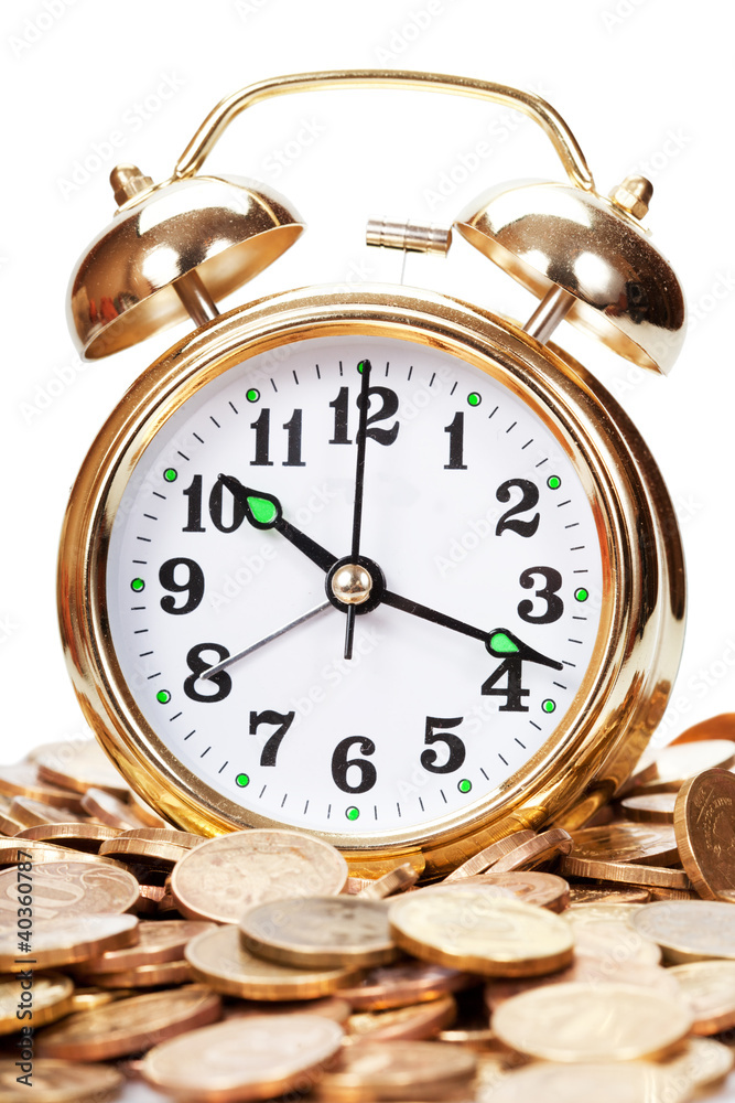 Great golden alarm clock faces on coins. Time is money Great golden alarm clock faces on coins. Time is money