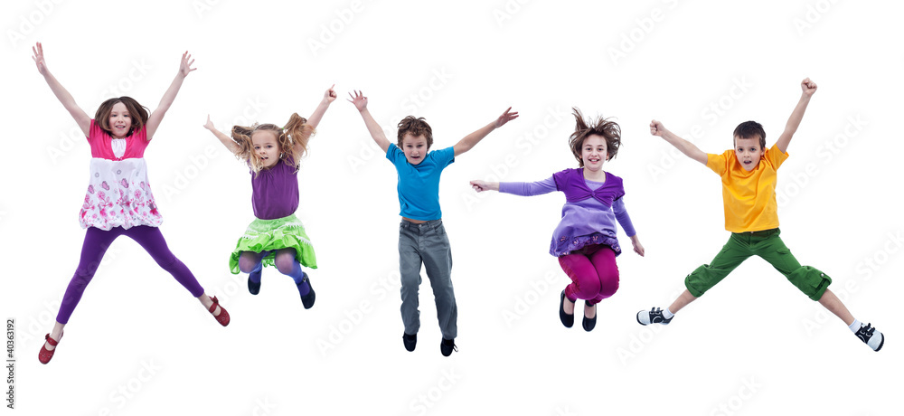 Fototapeta Happy kids jumping high - isolated