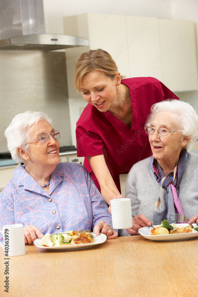 Senior women with carer enjoying meal at home Senior women with carer enjoying meal at home