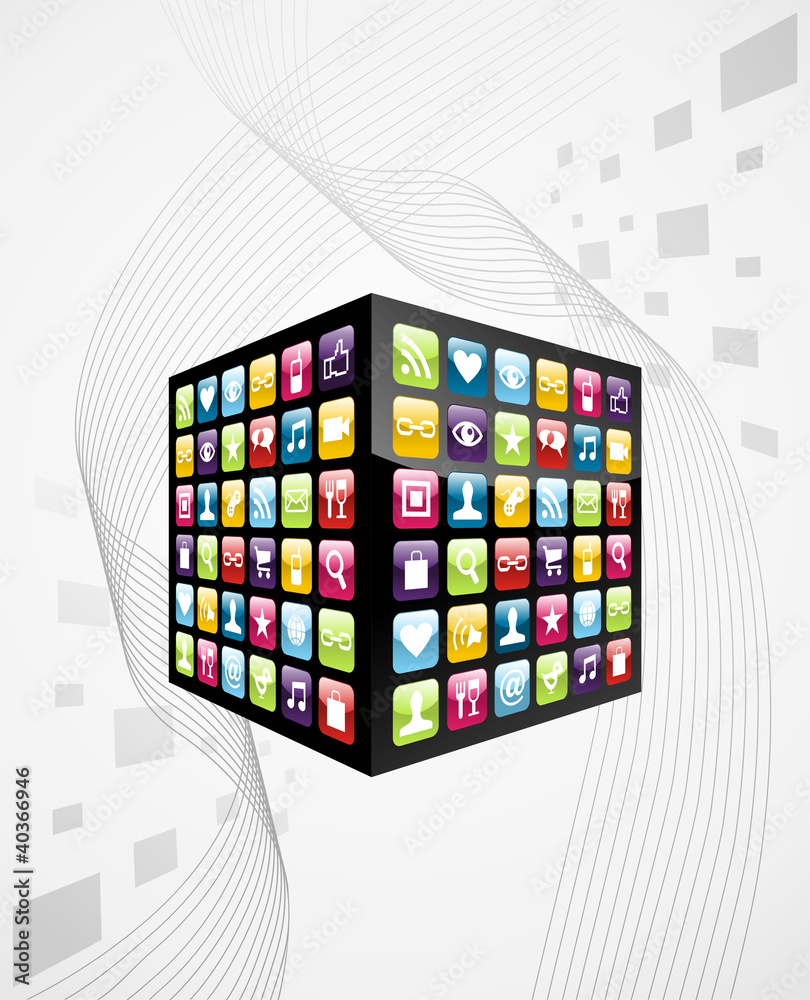 Global mobile phone apps icons cube Global mobile phone apps icons cube