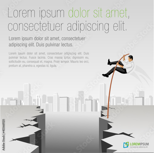 Business men jumping over abyss with high pole